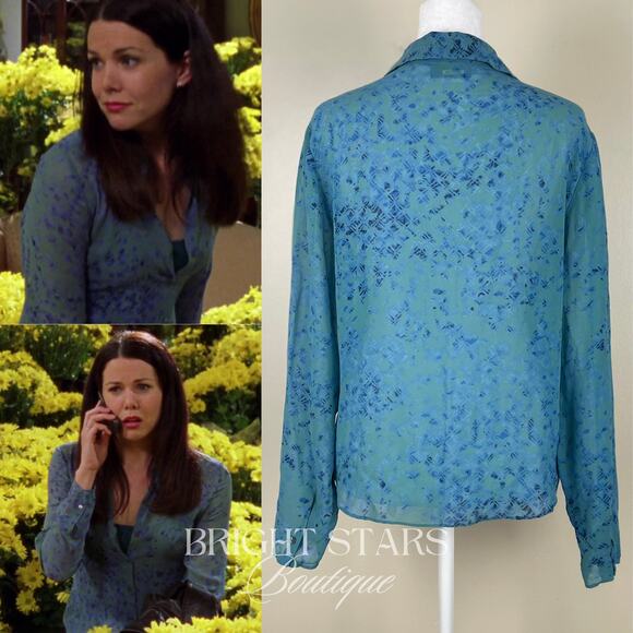 Extremely Rare Blue Silk Blouse Button Down ASO Lorelai Gilmore Girls Vintage - Picture 4 of 9